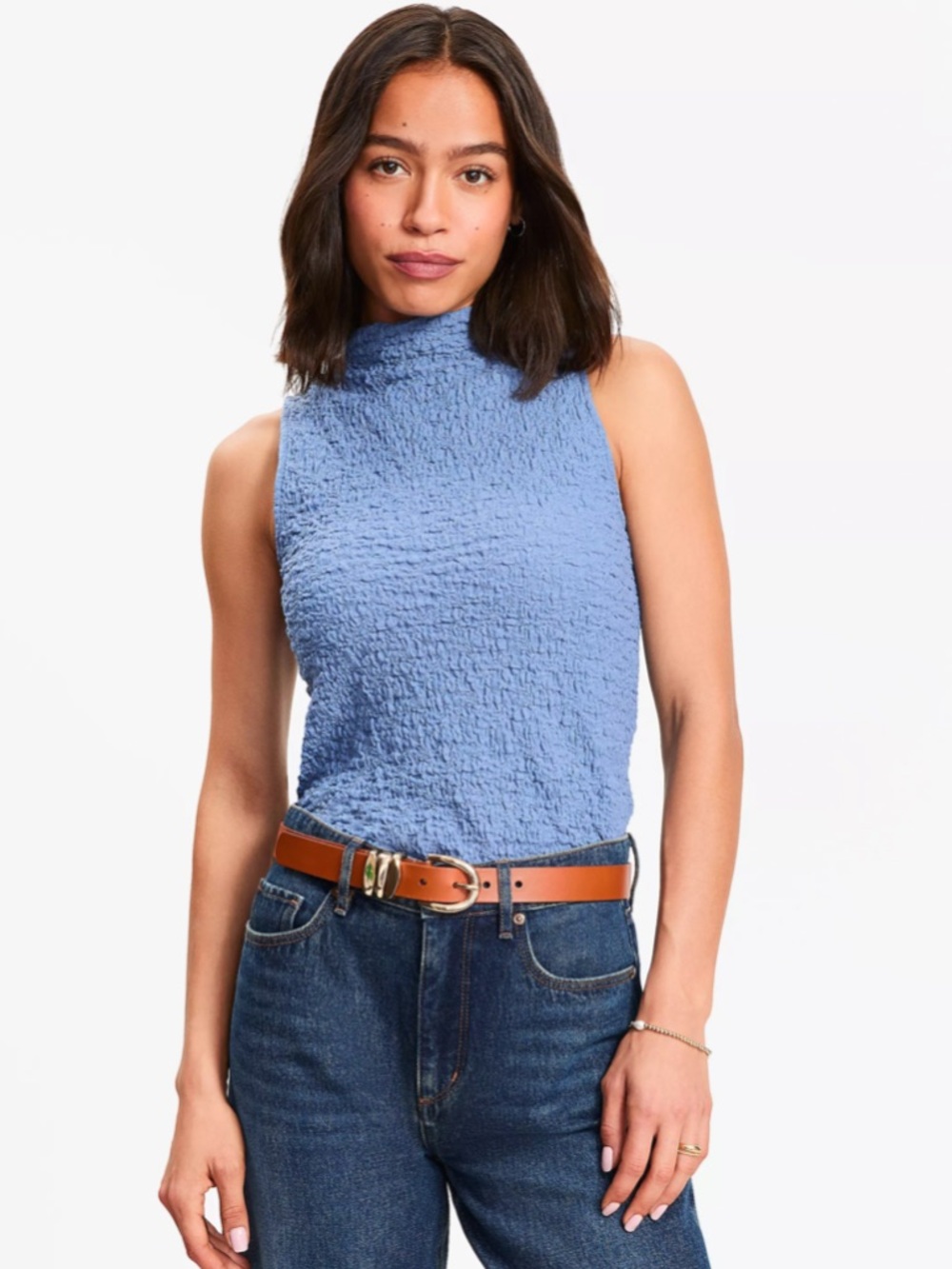 NWT LOFT Puckered Sleeveless Top, Mock Neck, Petite Large LP, Blue/Peri, Stretch